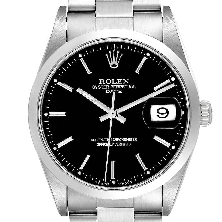 This Rolex Date 15200 Men's Stainless Steel Black Dial 15200 Men's Stainless Steel Black Dial model watch is shown from the front, highlighting the black dial, luminescent hands, date window, and stainless steel bracelet.