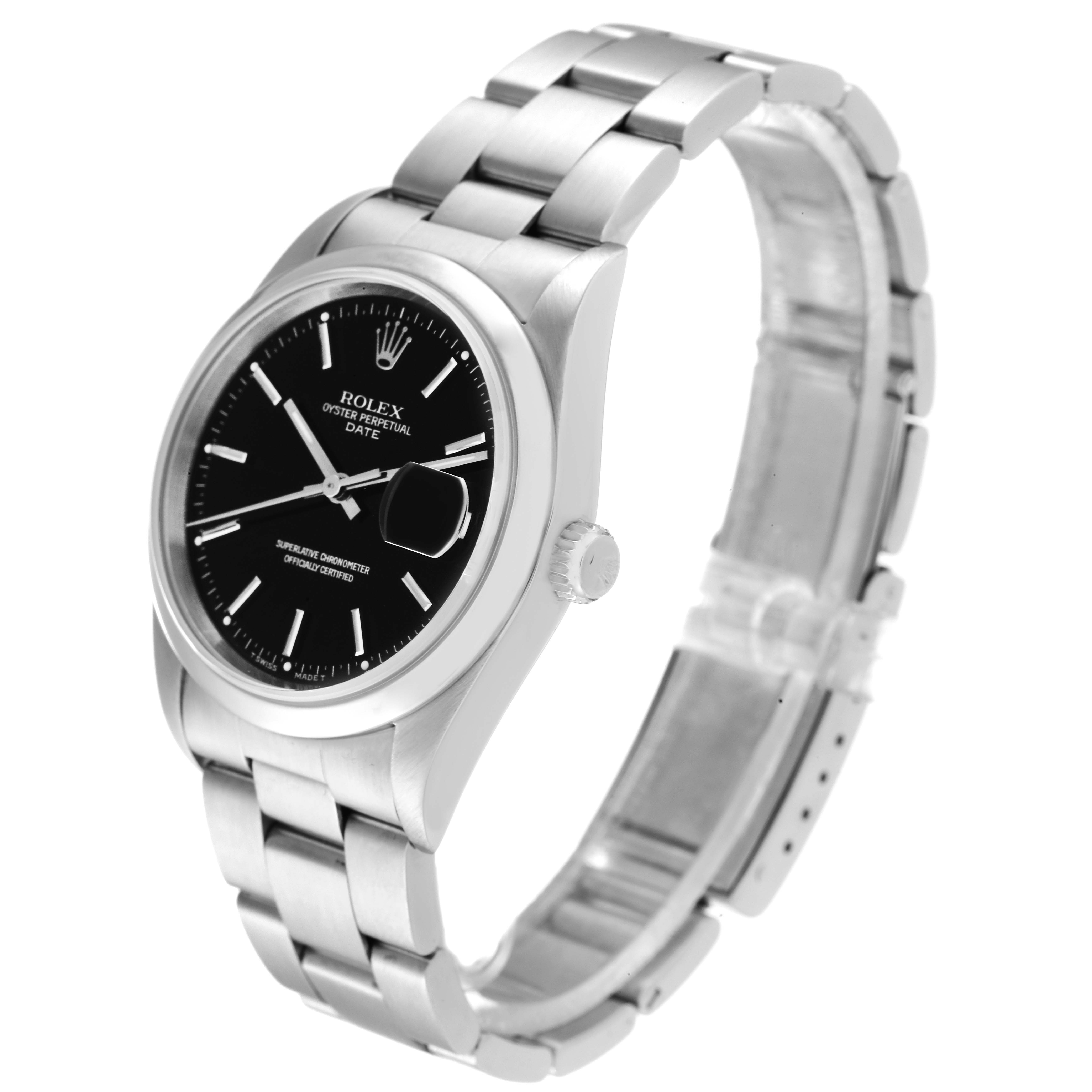 This image shows a side angle view of a Rolex Oyster Perpetual Date model watch, highlighting its black dial, date window, and metal bracelet.