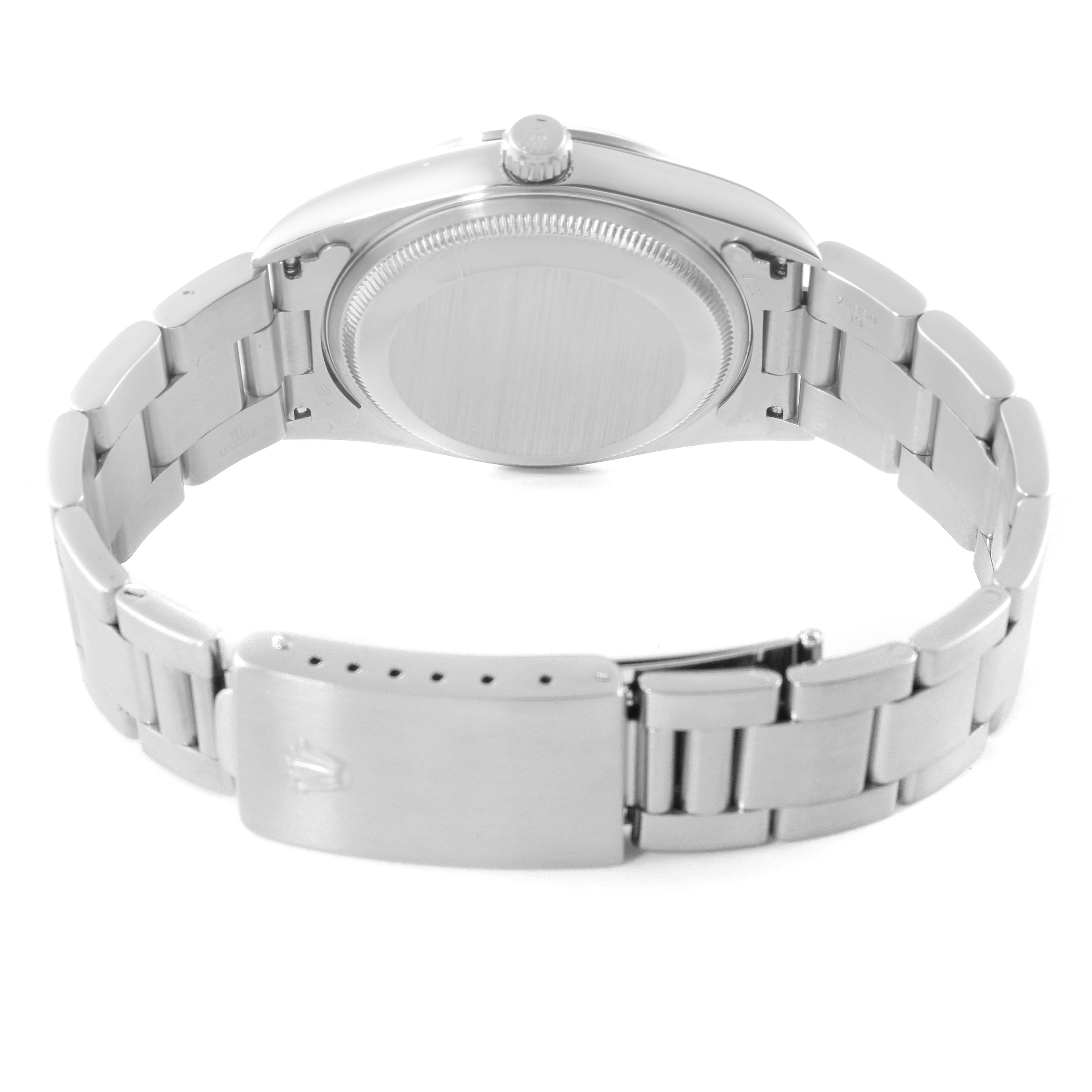 This is a rear view of the Rolex Date 15200 Men's Stainless Steel Black Dial 15200 Men's Stainless Steel Black Dial Model watch showing the case back, crown, and metal bracelet with clasp.