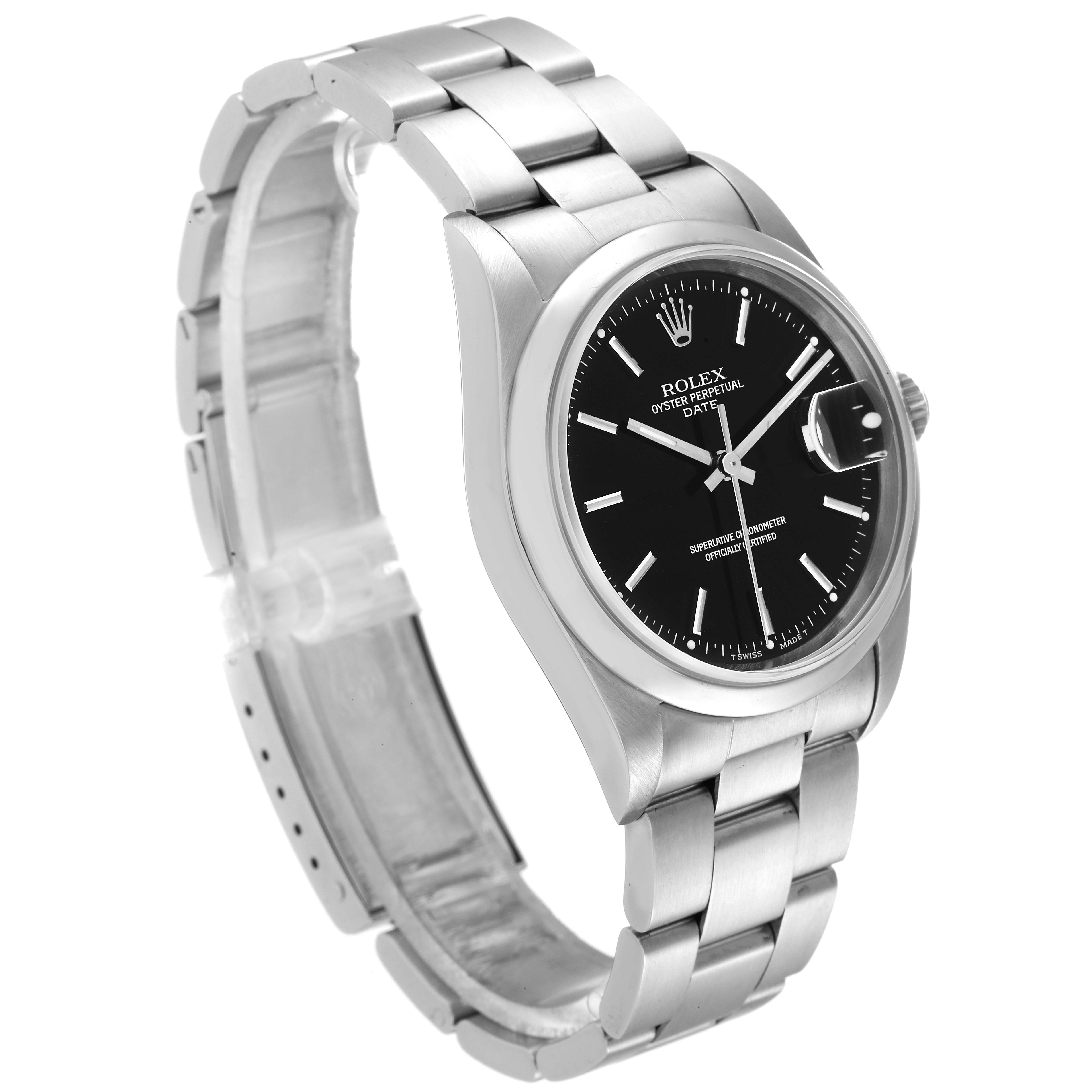 The image shows a side angle of a Rolex Oyster Perpetual Date model, highlighting its bracelet, case, and black dial.