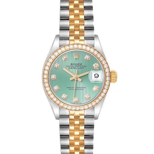 The image shows a frontal view of a Rolex Datejust 279383 Women's Steel and Gold (two tone) Green Dial 279383 Women's Steel and Gold (two tone) Green Dial watch with a green dial, diamond markers, and a two-tone bracelet.
