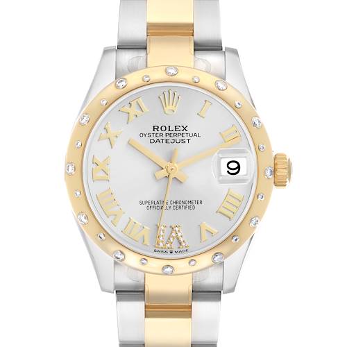 The Rolex Datejust 278343 Women's Steel and Gold (two tone) Silver Dial watch is shown from the front, displaying its dial, bezel, and part of the bracelet.