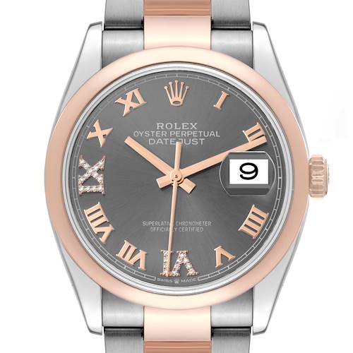 This is a frontal view of the Rolex Datejust 126201 Men's Steel and Gold (two tone) Grey Dial 126201 Men's Steel and Gold (two tone) Grey Dial watch, showcasing the dial, bracelet, bezel, and the date window.