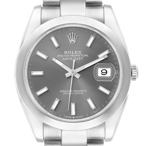 The Rolex Datejust 126300 Men's Stainless Steel Grey Dial is shown from a frontal angle, displaying the dial, hour markers, hands, date window, and part of the bracelet.