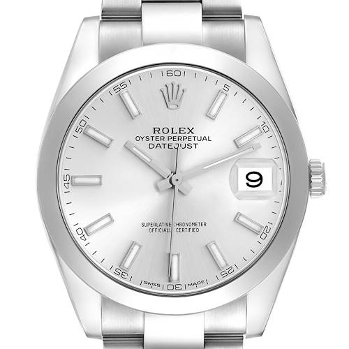 The watch is a Rolex Datejust 41 126300 Men's Stainless Steel Silver Dial, shown from a top-down angle, displaying the dial, hands, crown, and part of the band.