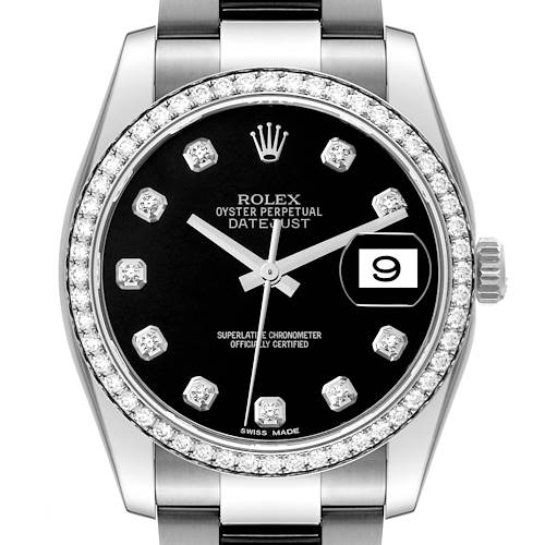 This image shows a front view of a Rolex Datejust 116244 Men's Stainless Steel Black Dial 116244 Men's Stainless Steel Black Dial watch, featuring a black dial, diamond markers, and a stainless steel band.