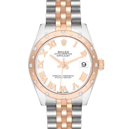 The Rolex Datejust 178341 Women's Steel and Gold (two tone) White Dial watch is shown from a front angle, highlighting the bezel, dial, hands, markers, and bracelet.
