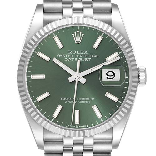 The image shows a front view of a Rolex Datejust 126234 Men's Stainless Steel Green Dial 126234 Men's Stainless Steel Green Dial watch with a green dial and fluted bezel.