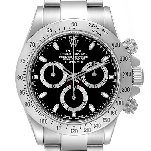 This image shows the Rolex Daytona 116520 Men's Stainless Steel Black Dial 116520 Men's Stainless Steel Black Dial watch from the front, highlighting the dial, sub-dials, bezel, crown, and bracelet.