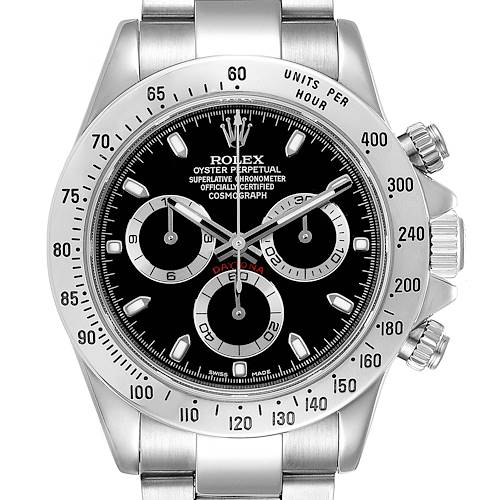 This image shows a front view of a Rolex Daytona 116520 Men's Stainless Steel Black Dial 116520 Men's Stainless Steel Black Dial watch, highlighting its dial, bezel, and chronograph subdials.