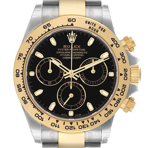 The Rolex Daytona 116503 Men's Steel and Gold (two tone) Black Dial watch is shown from the front, displaying the dial, bezel, and pushers clearly.