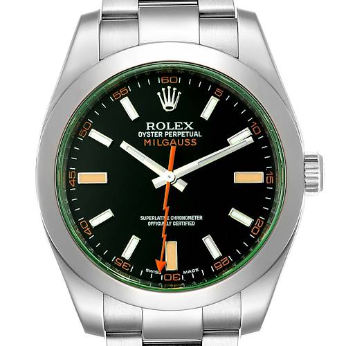 The image shows a frontal view of a Rolex Milgauss 116400GV Men's Stainless Steel Black Dial 116400GV Men's Stainless Steel Black Dial watch, highlighting its dial, hands, and part of the bracelet.