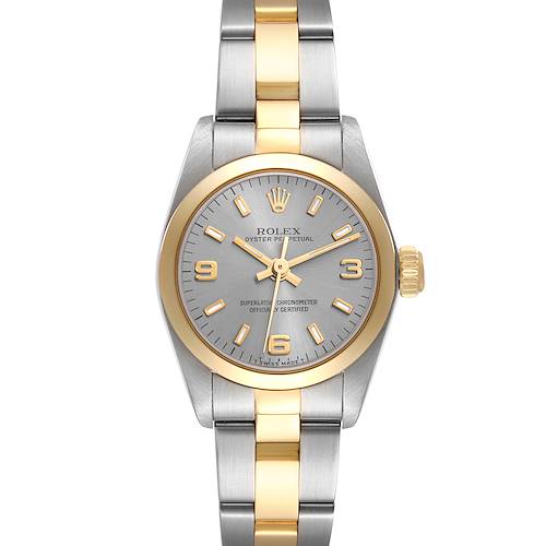 This Rolex Oyster Perpetual 67183 Women's Steel and Gold (two tone) Grey Dial 67183 Women's Steel and Gold (two tone) Grey Dial watch is shown from a front angle, highlighting its gold and stainless steel bracelet and gold bezel.