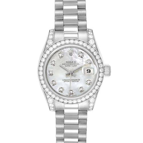 This image shows a frontal view of a Rolex President 179159 Women's White Gold Mother of Pearl Dial 179159 Women's White Gold Mother of Pearl Dial watch, displaying the face, bezel, and bracelet.