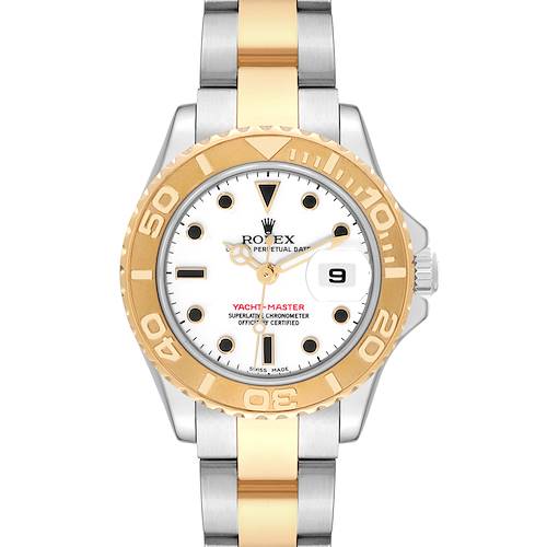 The image shows a front view of a Rolex Yacht-Master 169623 Women's Steel and Gold (two tone) White Dial 169623 Women's Steel and Gold (two tone) White Dial watch, highlighting its gold bezel, white dial, and two-tone bracelet.