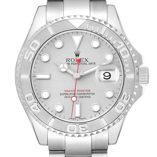 The Rolex Yacht-Master 16622 Men's Stainless Steel Silver Dial watch is shown from the front, highlighting the dial, bezel, and part of the bracelet.