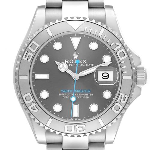 The Rolex Yacht-Master 126622 Men's Stainless Steel Grey Dial watch is shown from a front angle, displaying the dial, hands, bezel, and part of the bracelet.