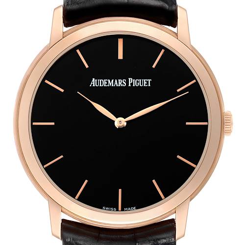 The image shows the front view of the Audemars Piguet Jules 15180R Men's Rose Gold Black Dial model watch, highlighting its dial, hands, and case.
