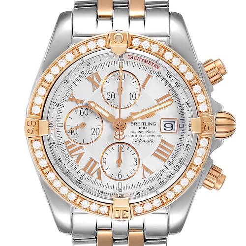 The image shows a front view of the Breitling Chronomat C13356 Men's Steel and Gold (two tone) Silver Dial C13356 Men's Steel and Gold (two tone) Silver Dial watch, highlighting its dial, bezel, and part of its two-tone bracelet.