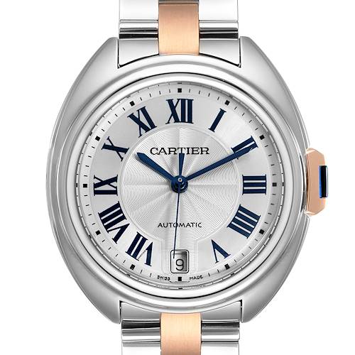 This image shows a front view of the Cartier Clé watch, displaying the dial, hands, and part of the metal bracelet.