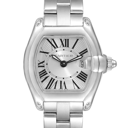 The image shows a close-up of the Cartier Roadster W62016V3 Women's Stainless Steel Silver Dial W62016V3 Women's Stainless Steel Silver Dial watch face and part of the bracelet from a front angle.
