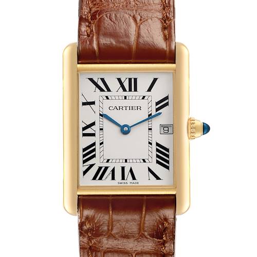 The Cartier Tank Louis W1529756 Men's Yellow Gold Silver Dial watch is shown from the front, highlighting its rectangular face, Roman numerals, and leather strap.