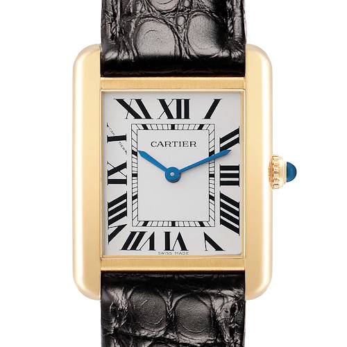 The image shows a Cartier Tank Solo W1018755 Women's Yellow Gold Silver Dial watch face, highlighting its rectangular case, Roman numerals, and blue hands from a front view.