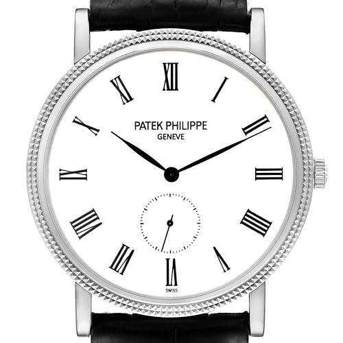 This image shows a frontal view of the Patek Philippe Calatrava 5119 Men's White Gold White Dial 5119 Men's White Gold White Dial watch, displaying its white dial, Roman numerals, and black leather strap.