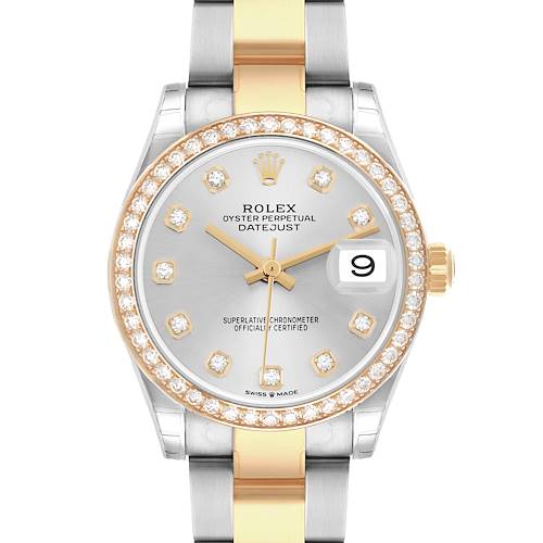 The Rolex Datejust 278383RBR Women's Steel and Gold (two tone) Silver Dial watch is shown from a front angle, displaying its face, bezel, and part of the bracelet.