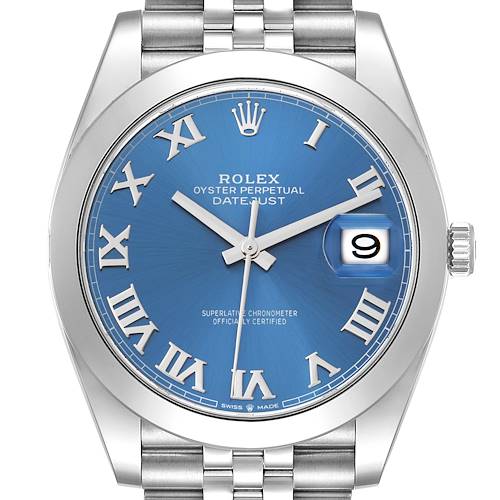 The image shows a front view of the Rolex Datejust 41 126300 Men's Stainless Steel Blue Dial 126300 Men's Stainless Steel Blue Dial watch, highlighting its blue dial, Roman numerals, and date window.