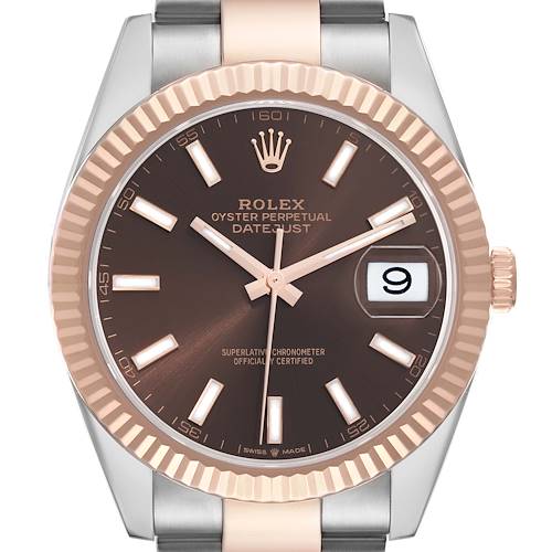 The Rolex Datejust 41 126331 Men's Steel and Gold (two tone) Brown Dial watch is shown from a front angle, highlighting its face, bezel, hands, and date display.