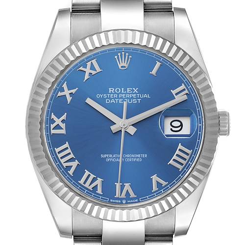 The image shows a front view of a Rolex Datejust 41 126334 Men's Stainless Steel Blue Dial watch with a blue dial, Roman numerals, and a fluted bezel.
