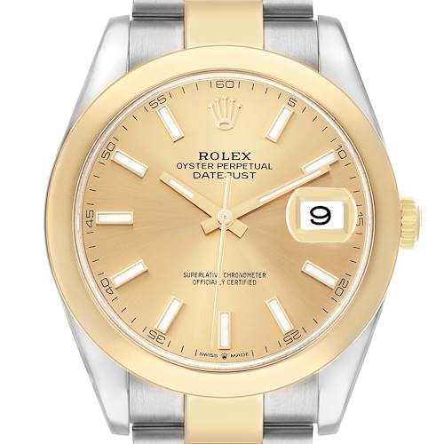 The Rolex Datejust 41 126303 Men's Steel and Gold (two tone) Champagne Dial is shown from a top-down angle, highlighting the dial, bezel, and part of the bracelet.