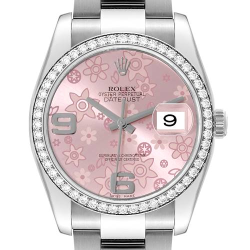This image shows a front view of a Rolex Datejust 116244 Men's Steel and Gold (two tone) Pink Dial 116244 Men's Steel and Gold (two tone) Pink Dial model watch, highlighting its floral pink dial and diamond-encrusted bezel.