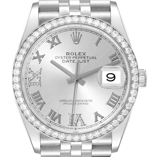 The image shows a front view of the Rolex Datejust 126284 Men's Stainless Steel Silver Dial 126284 Men's Stainless Steel Silver Dial watch, highlighting its dial, bezel, and bracelet.