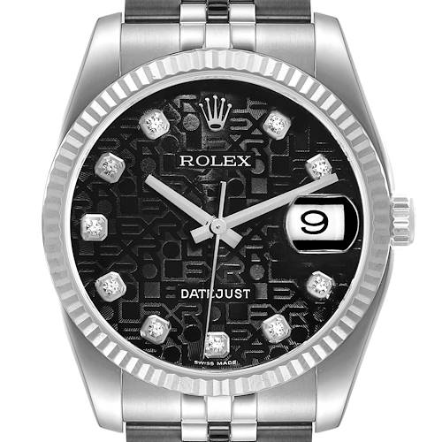 The Rolex Datejust 16234 Men's Stainless Steel Black Dial watch is shown from a front angle, highlighting its face, bezel, and bracelet connection.