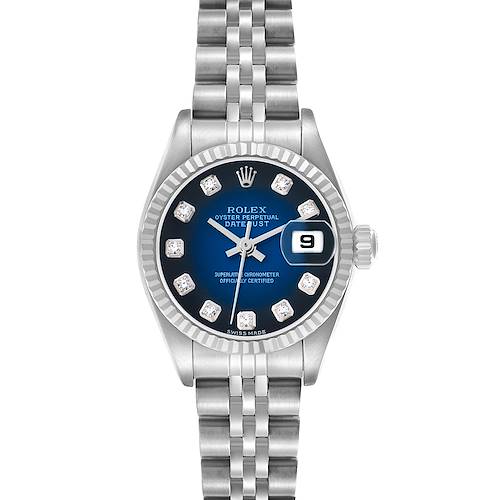 The Rolex Datejust 79174 Women's Stainless Steel Blue Dial watch is shown from the front, displaying its face, bezel, crown, and part of the bracelet.