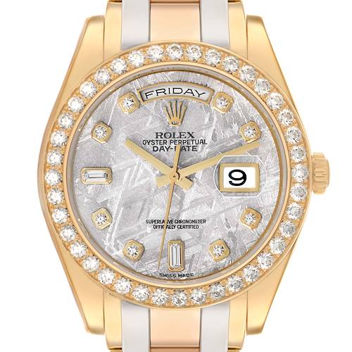 The image shows a front view of a Rolex Pearlmaster 18948 Men's Yellow Gold Silver Dial watch, highlighting its diamond bezel, dial, and bracelet.