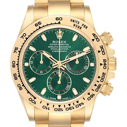 The Rolex Daytona 116508 Men's Yellow Gold Green Dial watch is shown from the front, displaying its green dial, three sub-dials, and gold tachymetric bezel.