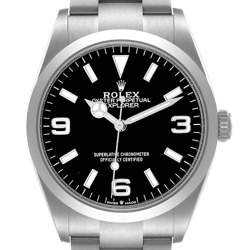 The Rolex Explorer 124270 Men's Stainless Steel Black Dial watch is shown from the front, highlighting its dial, hands, markers, and bracelet.