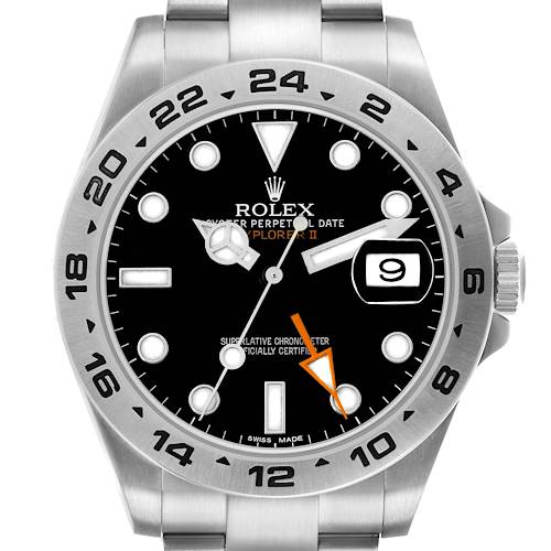The image shows a frontal view of the Rolex Explorer 216570 Men's Stainless Steel Black Dial II watch, highlighting the dial, bezel, hands, and date window.