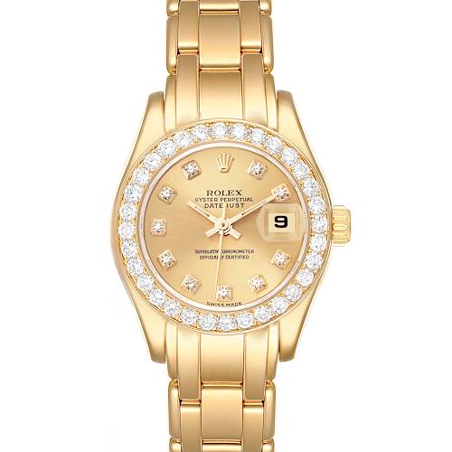 This image shows a front-facing view of a Rolex Pearlmaster 69298 Women's Yellow Gold Champagne Dial 69298 Women's Yellow Gold Champagne Dial watch, highlighting its gold bracelet, diamond-studded bezel, and date display.