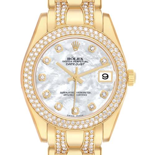 The Rolex Pearlmaster 81338 Women's Yellow Gold Mother of Pearl Dial watch is shown from a top-down angle, highlighting its dial, bezel, and part of the bracelet.