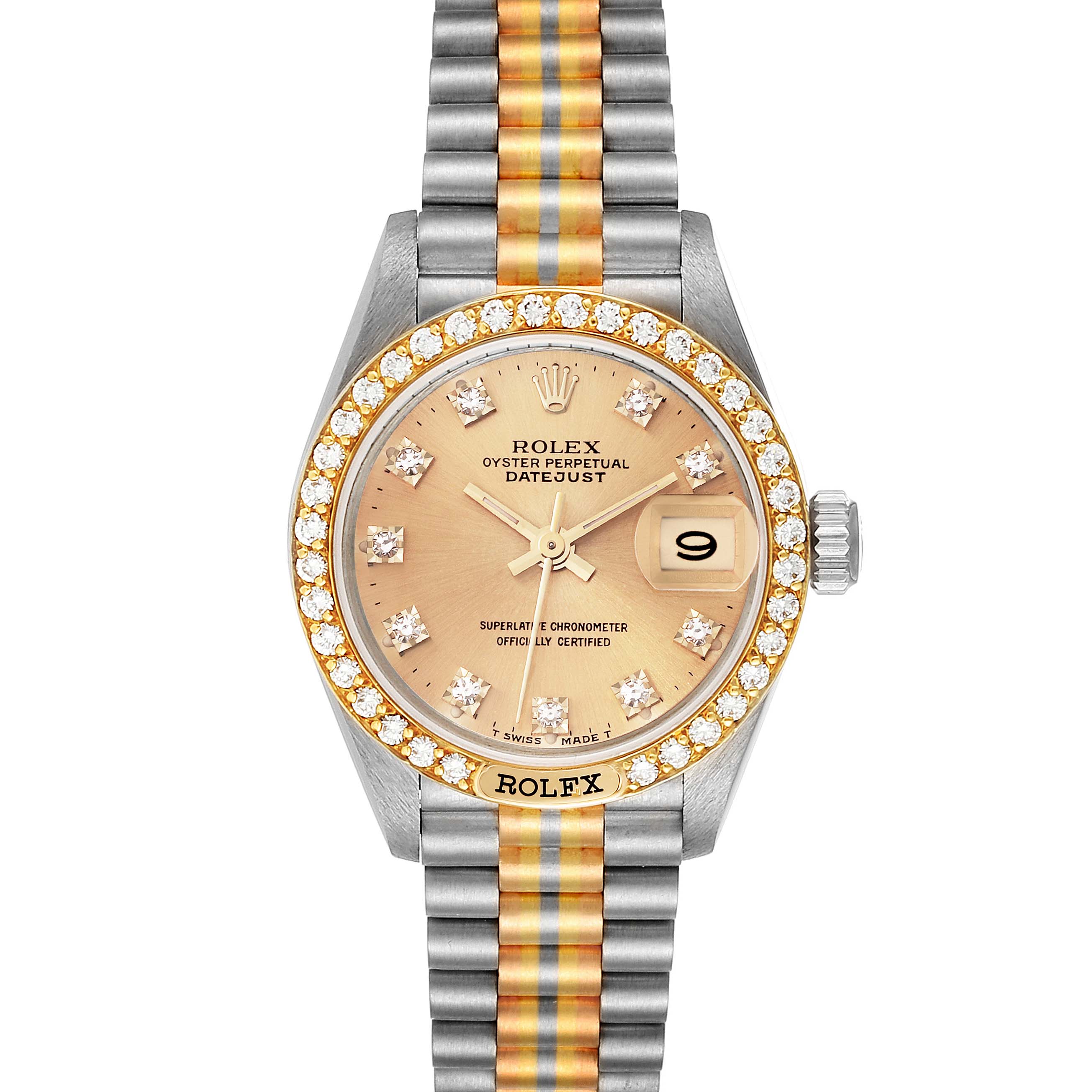 The Rolex President 69149 Women's White Gold Champagne Dial 69149 Women's White Gold Champagne Dial watch is shown from a top view, highlighting its face, diamond bezel, bracelet, and the date window.