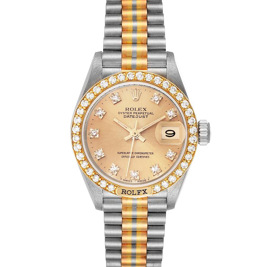 The Rolex President 69149 Women's White Gold Champagne Dial 69149 Women's White Gold Champagne Dial watch is shown from a top view, highlighting its face, diamond bezel, bracelet, and the date window.