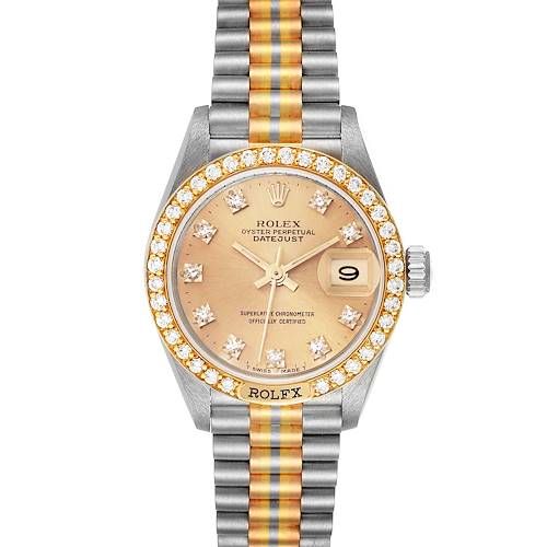 The Rolex President 69149 Women's White Gold Champagne Dial 69149 Women's White Gold Champagne Dial model watch is shown from a front angle, featuring a diamond-set bezel, gold dial, and two-tone bracelet.