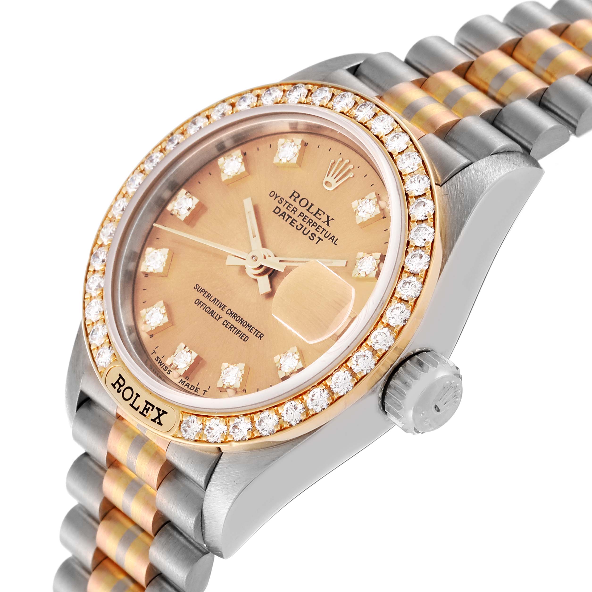 This image shows the Rolex President 69149 Women's White Gold Champagne Dial 69149 Women's White Gold Champagne Dial model watch at an angle revealing the face, bezel, crown, and part of the bracelet.