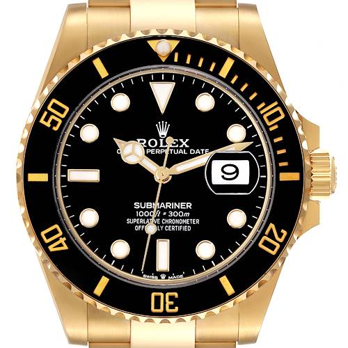 The image shows a front view of a Rolex Submariner 126618 Men's Yellow Gold Black Dial 126618 Men's Yellow Gold Black Dial, displaying the dial, bezel, crown, and part of the bracelet.