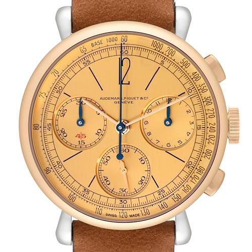 The image shows a front view of the Audemars Piguet Remaster  26595SR.OO.A032VE.01 Men's Stainless Steel Champagne Dial 26595SR.OO.A032VE.01 Men's Stainless Steel Champagne Dialmodel watch, highlighting its dial, subdials, and leather strap.