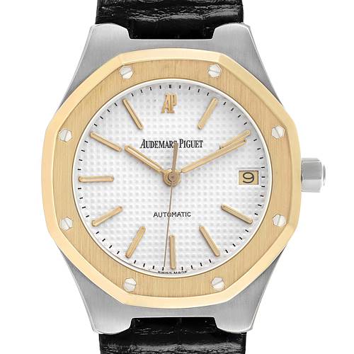The Audemars Piguet Royal Oak 14800SA Men's Stainless Steel White Dial watch is shown from the front, displaying the octagonal bezel, dial, hands, and date feature.